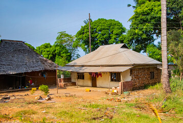 Typical stone houses in an African village on the road to Mombasa. It is a small village in Kenya.