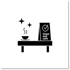 Clean and safe glyph icon.Dicinfected place signification. Public spaces and surfaces disinfection. Safety space and preventative measures.Filled flat sign. Isolated silhouette vector illustration