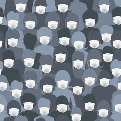 Dark silhouettes wear masks to protect themselves from COVID, crowd of people seamless pattern