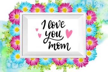 I love you mom. Happy Mother's Day card or banner with yellow tulips, white cherry and beautiful rhododendron flowes.