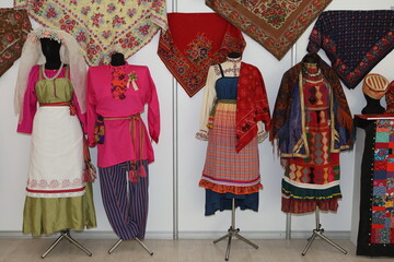 Dress in traditional national folk russian style. Ethnic fashion. Ancient russian costume....