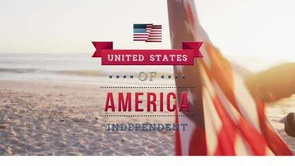 Independence day text over waving american flag against view of empty beach
