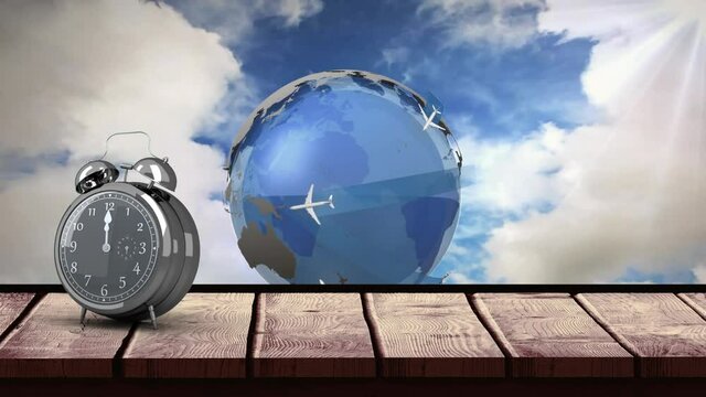 Animation of vintage alarm clock and airplanes flying over spinning globe on blue sky