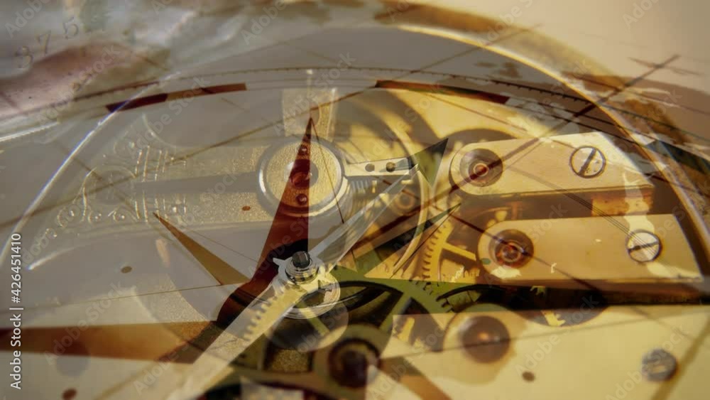 Poster Animation of compass moving over spinning clockwork and world map