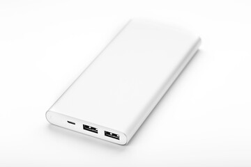 Powerbank for charging mobile devices with cable, on a white background.