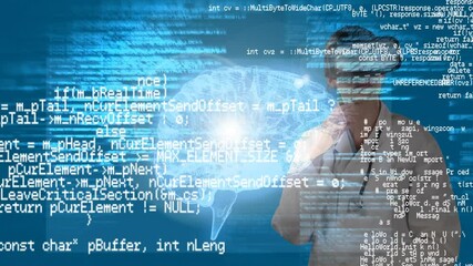 Animation of data processing over female doctor wearing vr headset and human brain - Powered by Adobe