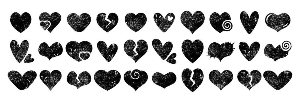 Grunge heart shapes collection. Different textured love symbols. Vector elements for design