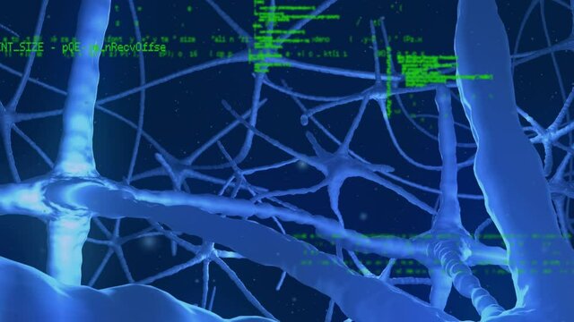 Animation of data processing over network of blue neurons on blue background