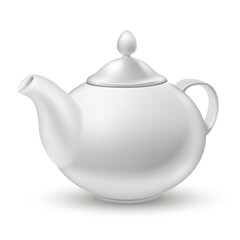 White blank teapot for tea. Porcelain traditional tableware with handle for teatime vector illustration. Healthy drink modern crockery isolated on white background with shade