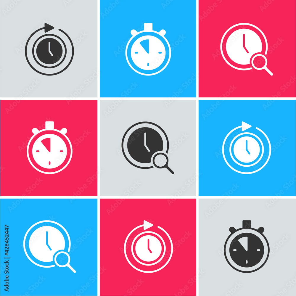 Poster set clock with arrow, stopwatch and magnifying glass clock icon. vector