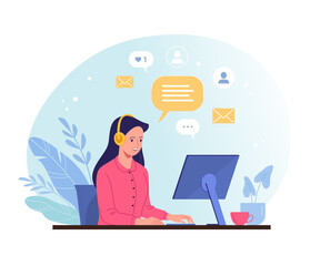 A woman works online. Vector illustration in a trendy flat style of a young pretty woman in headphones chatting online with customers on a computer at the desk. Isolated on background 