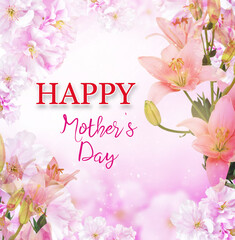 Happy mother's day card with pink background and beautiful cherry flowers for your design and home decor