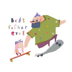Cool father skateboarding with his little daughter