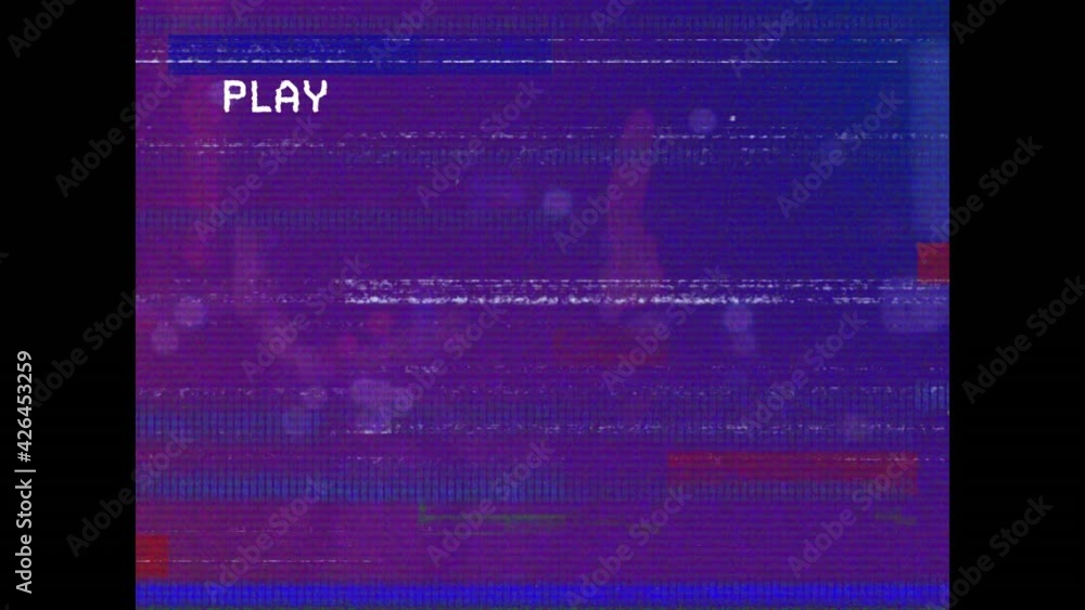 Poster animation of flickering colourful rectangles with glitch and play text on screen