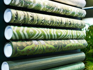Rolls of wallpaper on a showcase in store