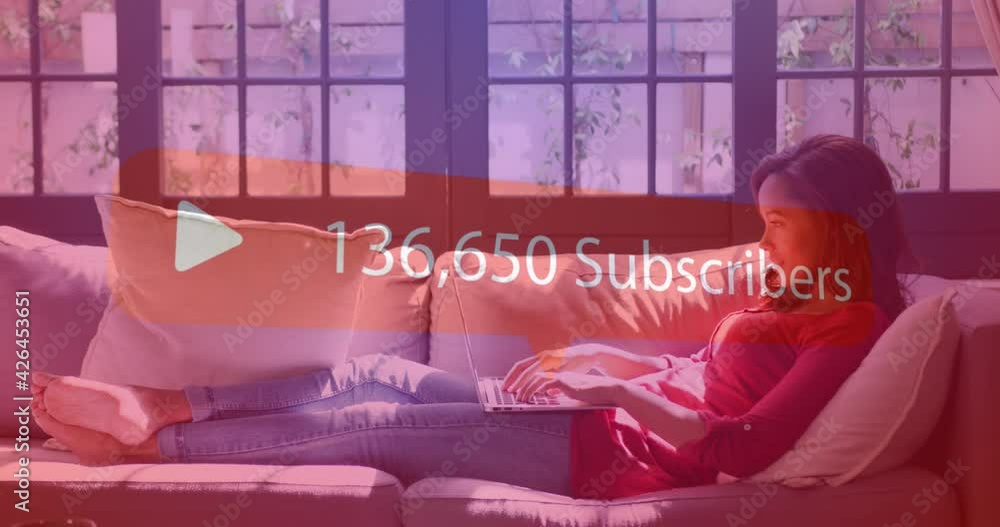Poster Animation of speech bubble with subscriber text and numbers over woman using laptop at home