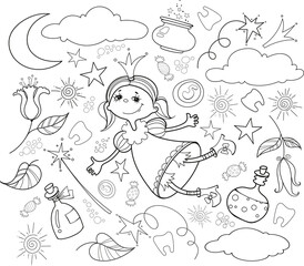 Tooth Fairy. Set in the style of doodle on a white background.