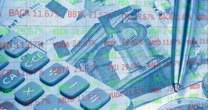 Animation of financial data processing over calculator and euro currency bills