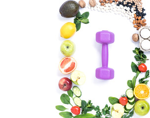 Sports dietary food for women's health. Flat lay for fresh food