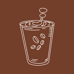 A glass of hot coffee with a brown background. Doodle style.Vector graphics. Isolated background.