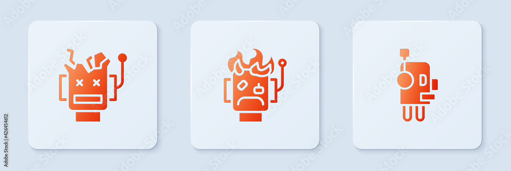 Aufkleber set robot burned out, broken robot and . white square button. vector