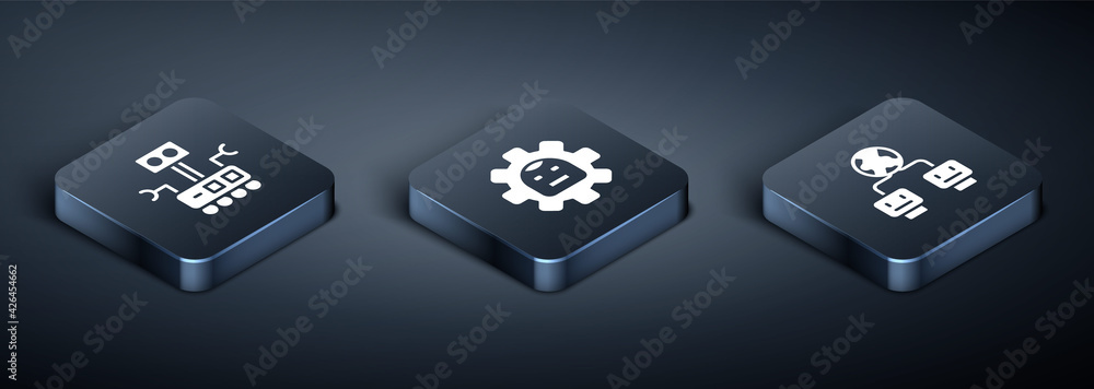 Aufkleber set isometric robot, artificial intelligence and icon. vector