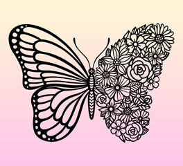 Vector flower butterfly. Insect silhouette. Template for laser and paper cutting, printing on a T-shirt, mug. Flat style. Hand drawn decorative element for your design. - obrazy, fototapety, plakaty