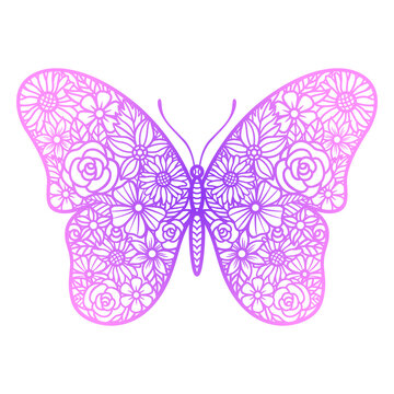 Vector flower butterfly. Insect silhouette. Template for laser and paper cutting, printing on a T-shirt, mug. Flat style. Hand drawn decorative element for your design.