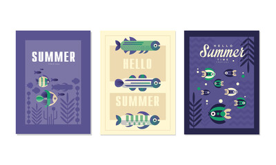 Hello Summer Cards Set, Summer Time Banner, Poster Templates with Cute Tropical Fishes Vector Illustration