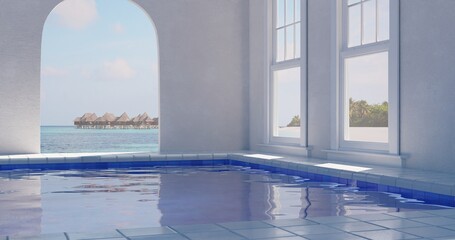 Indoor pool in the beach. 3D rendering illustration.