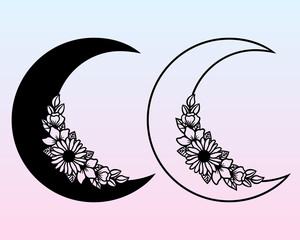 Vector crescent with flowers. Decorative moon illustration in boho style. Hand-drawn ethnic symbol. For paper and laser cutting, printing on T-shirts, mugs. Black mystical element for your design. © Volha Shybut