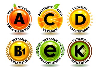 Creative concept vector set of A, B, C, D, E, K vitamin complex signs with cartoon sun symbol, realistic fruit icons, natural healthy food stamps, 3D colorful organic oil pills, chemical names