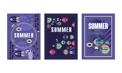 Summer Cards Set, Summer Time Banner, Poster Templates with Cute Tropical Fishes, Underwater World Concept Vector Illustration