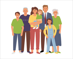 Happy big family standing together. Grandma, Grandpa, Mom, Dad, teen, child, toddler, daughter, son.