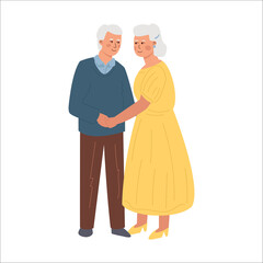 An elderly couple stands holding hands. Senior man and a woman embrace.