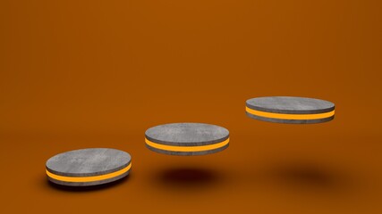 Wooden product stand futuristic or podium pedestal on empty display growing flashing light with orange backdrops. 3D rendering. seamless loop.
