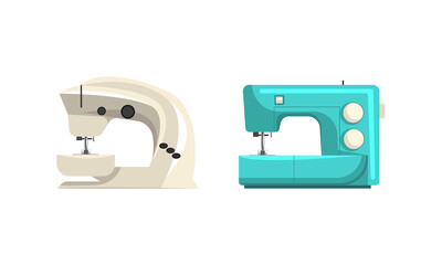 Modern Sewing Machines Set, Dressmaker Sewing Equipment Flat Vector Illustration