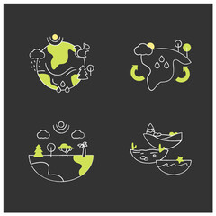 Biodiversity chalk icons set.Reduce air pollution. Fighting global warming. Saving flora and fauna.Species diversity ecosystem icons. Isolated vector illustrations on chalkboard
