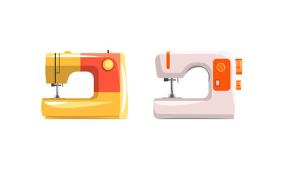Set of Modern Sewing Machines, Dressmaker Equipment Flat Vector Illustration
