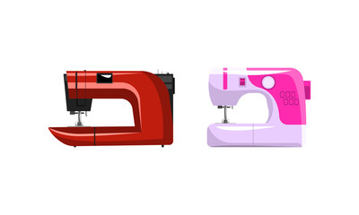 Modern Sewing Machines Set Flat Vector Illustration on White Background