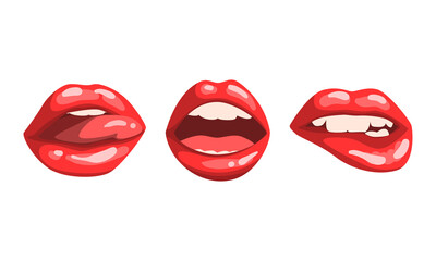 Fototapeta na wymiar Female Glossy Lips Collection, Red Mouth with Various Expressions Vector Illustration
