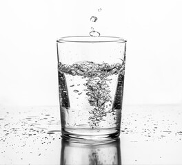 Water being poured into a glass. White background...