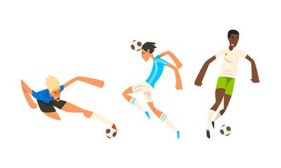 Fototapeta na wymiar Soccer Players Set, Male Athletes Characters in Sports Uniform in Action Vector Illustration