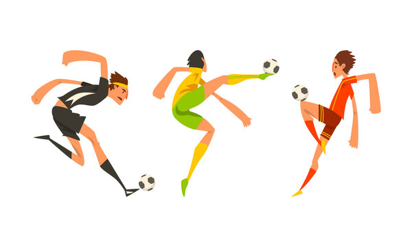 Soccer Players in Action Set, Athletes Characters in Sports Uniform Vector Illustration