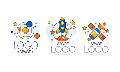 Space Logo Original Design Set, Cosmos, Spacecraft, Astronaut Badges Vector Illustration