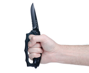 Military knife with brass knuckles with clipping path in hand on white background isolation