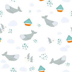 Whale boat seagull nautical seamless pattern