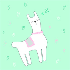 Cute sleepy llama illustration blue background