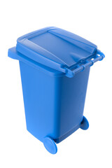 Plastic blue trash can isolated on white background