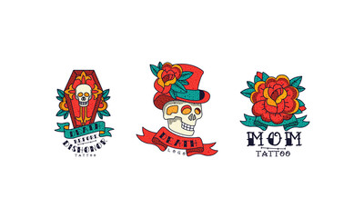 Old School Tattoos Set, Death before Dishonor, Mom, Vintage Style Tattoo Vector Illustration